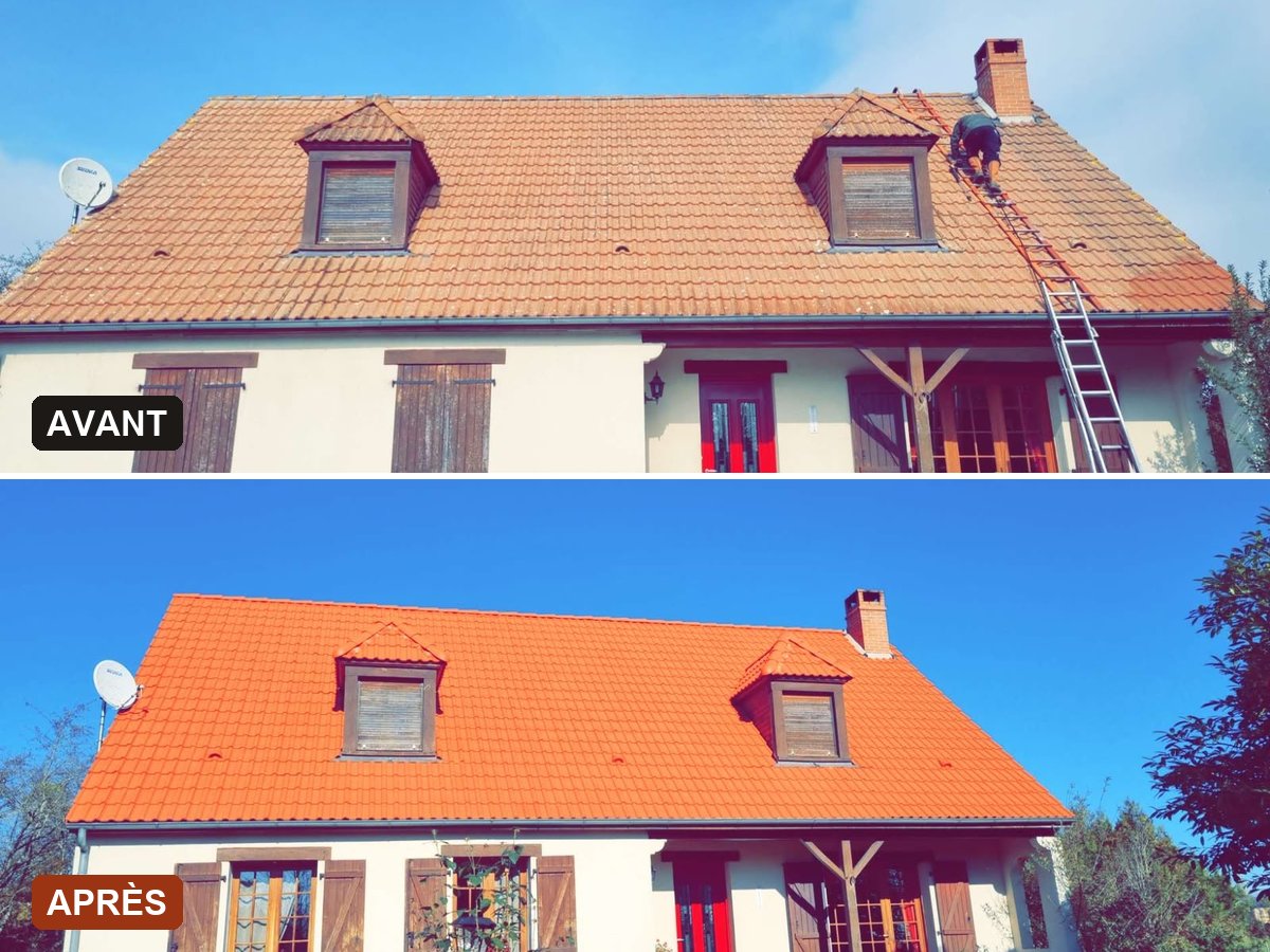Toiture en tuiles refaite à neuf — avant / après