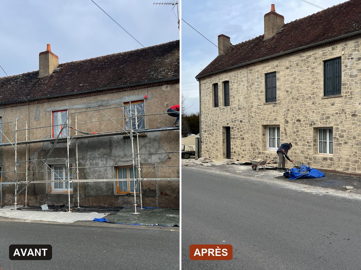Maison en pierre sous échafaudage, puis terminée — avant / après